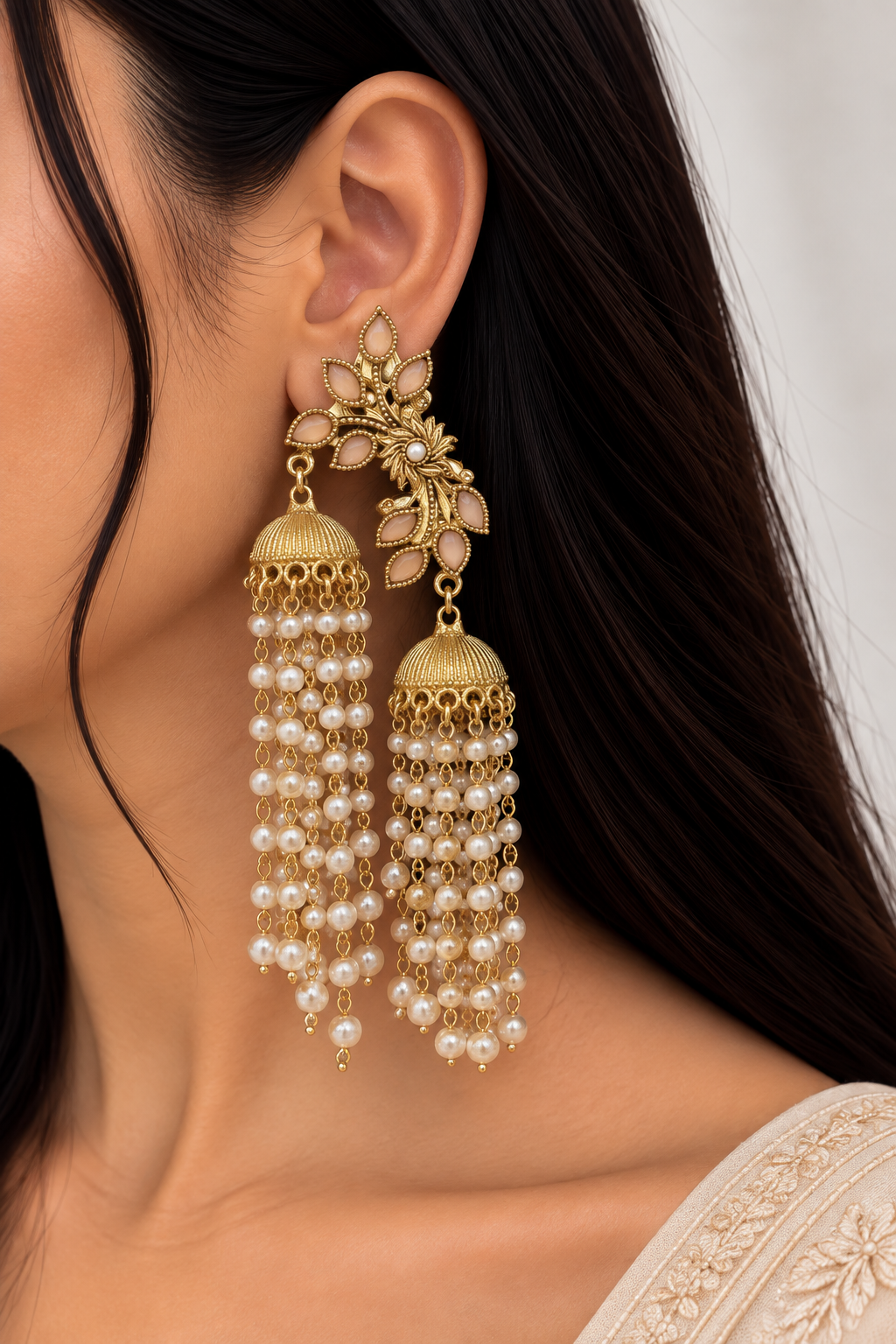 Noor Pearl Sahara Jhumkas