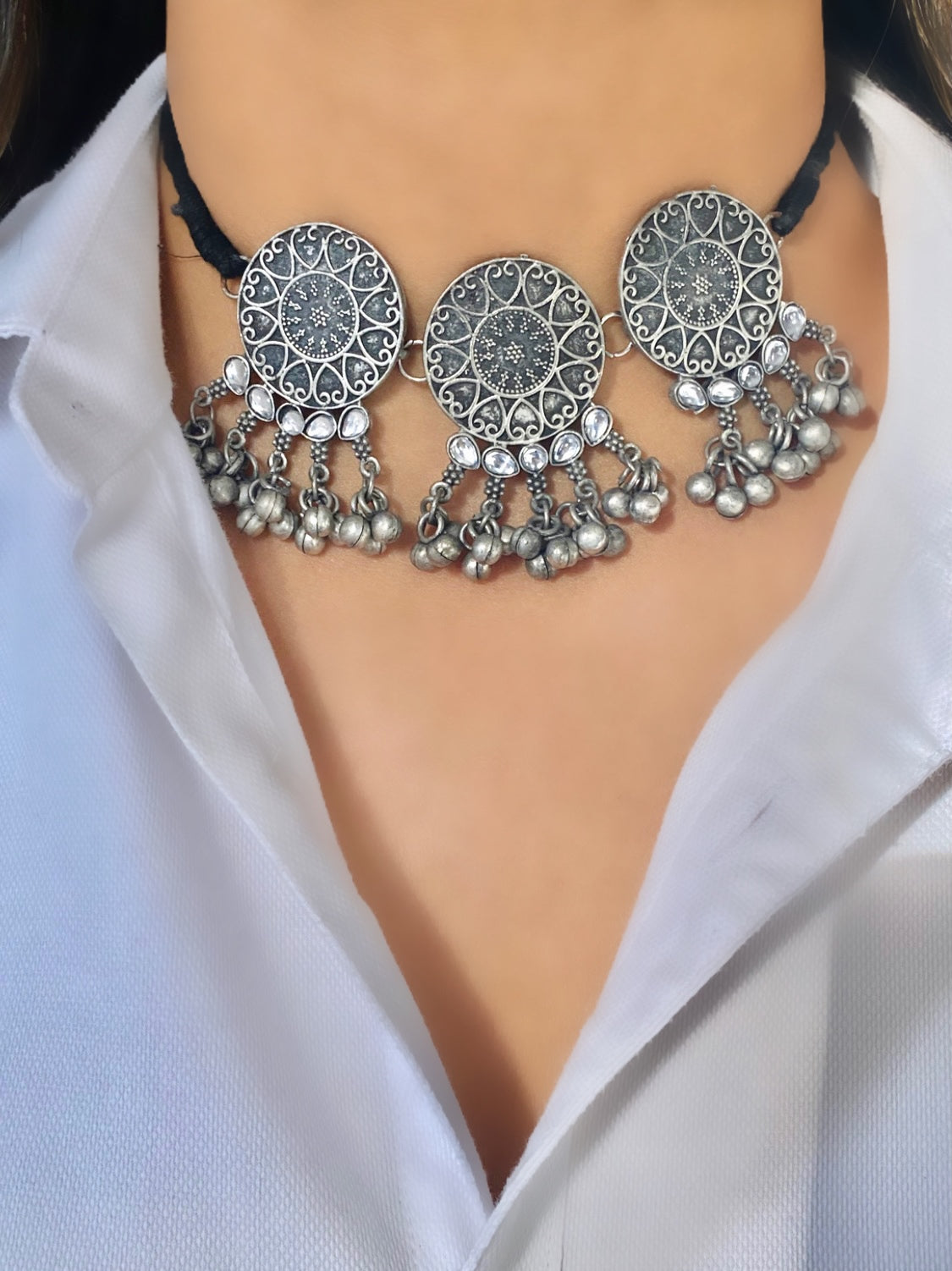 MANI oxidised ghungroo choker set
