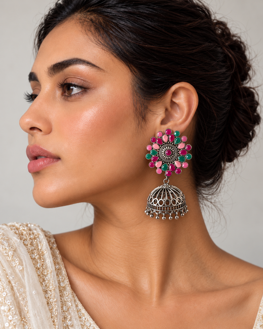 Rangrez Floral Oxidised Jhumka