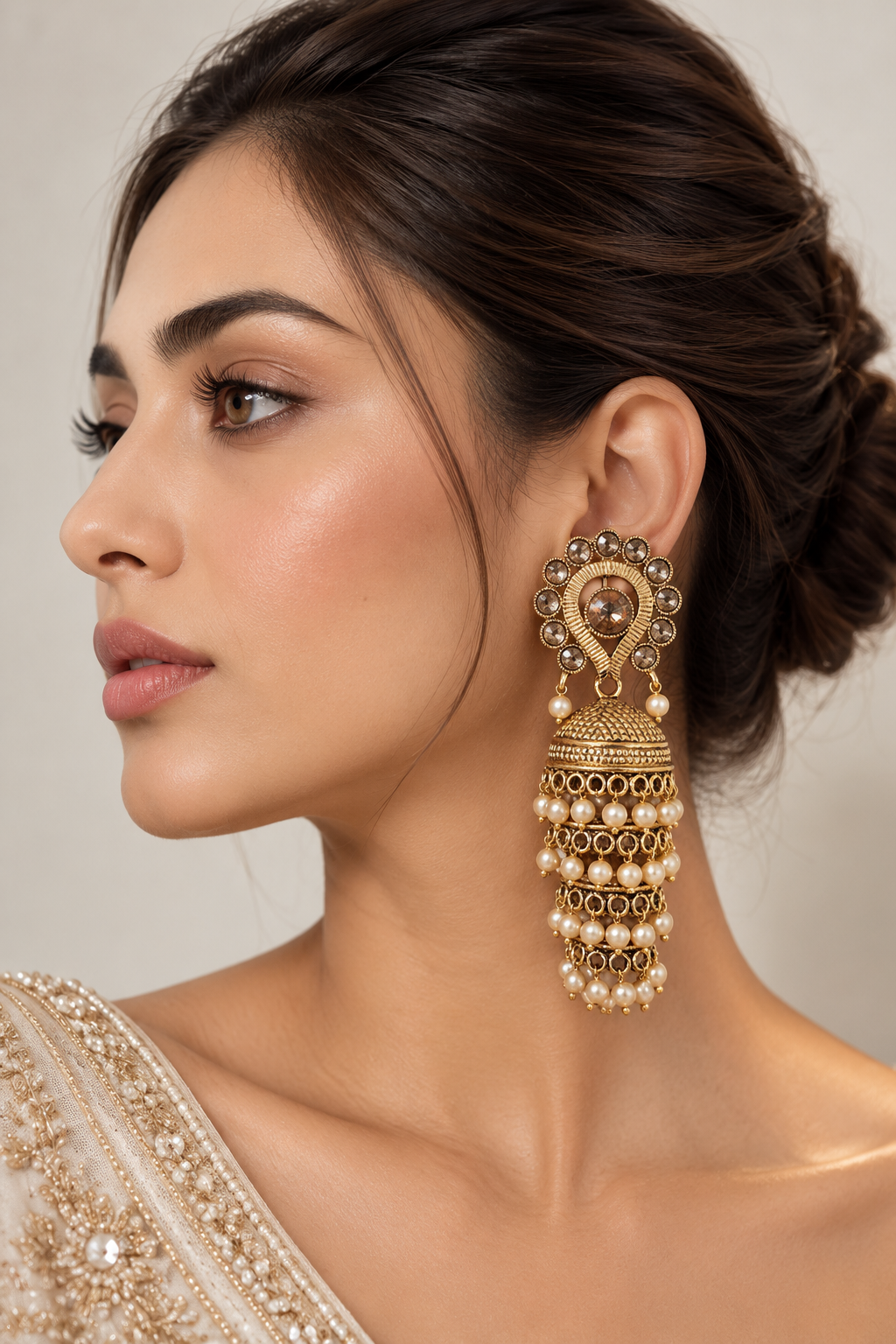 Noor Mahal Pearl Layered Jhumka Earrings