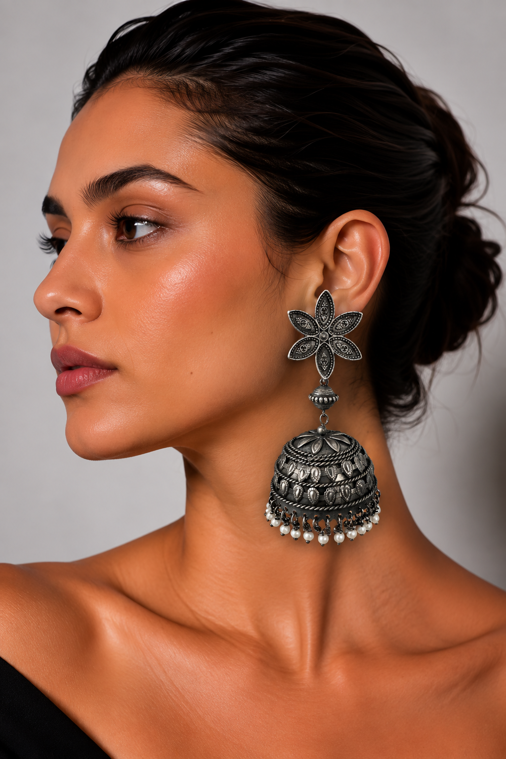 Phoolkari Oversized Oxidised Jhumka Earrings