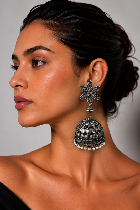 Phoolkari Oversized Oxidised Jhumka Earrings
