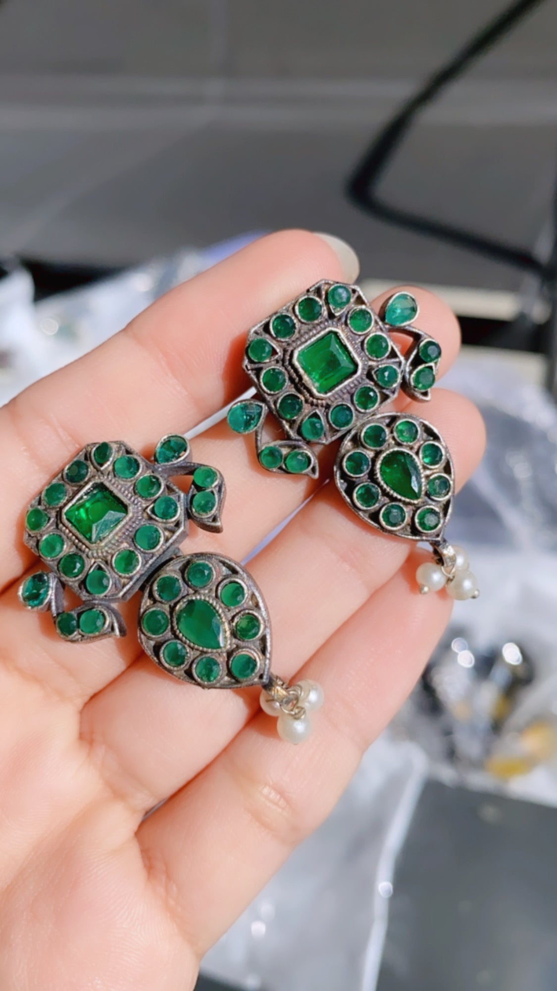 HARIYALI green studded silver replica choker set